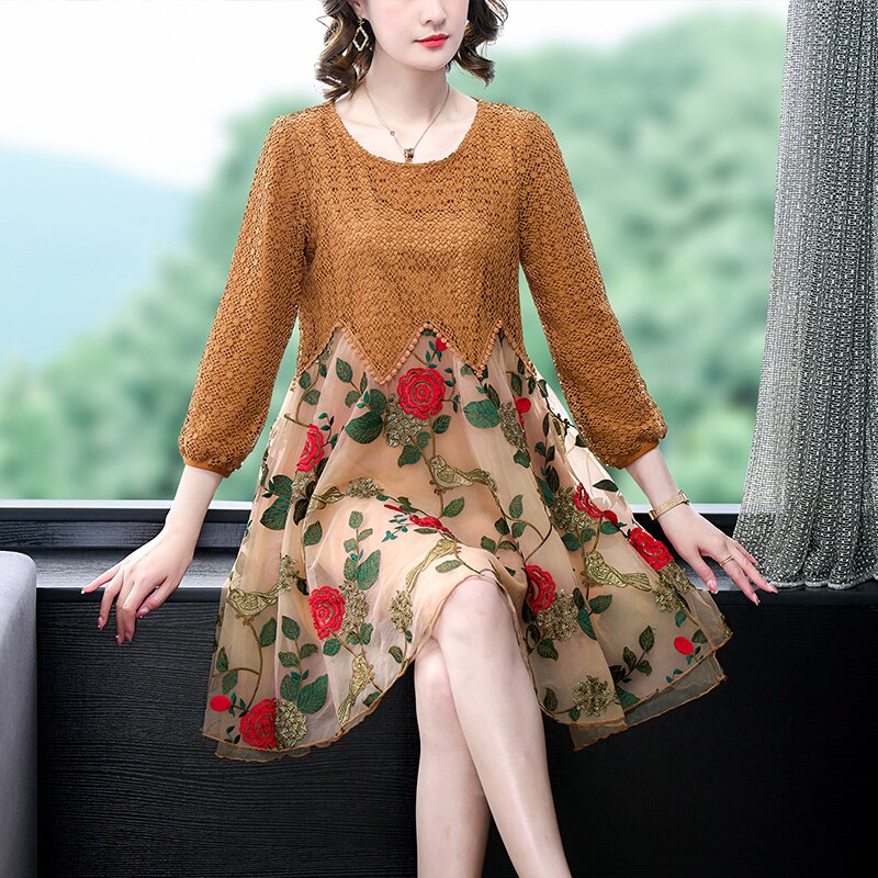 Embroidered Floral Bird Geometric Lace Overlay Zigzag Hem Round Neck 3/4 Sleeve Midi Dress