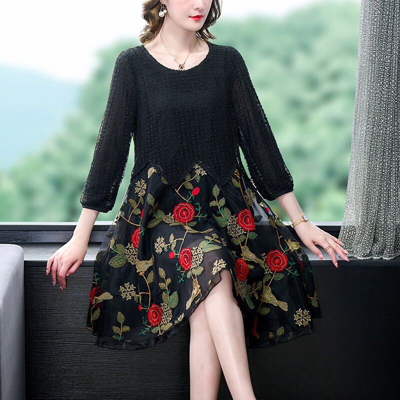 Embroidered Floral Bird Geometric Lace Overlay Zigzag Hem Round Neck 3/4 Sleeve Midi Dress