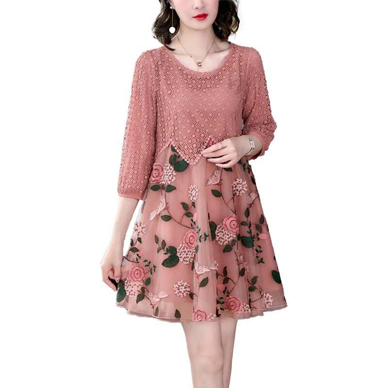 Embroidered Floral Bird Geometric Lace Overlay Zigzag Hem Round Neck 3/4 Sleeve Midi Dress