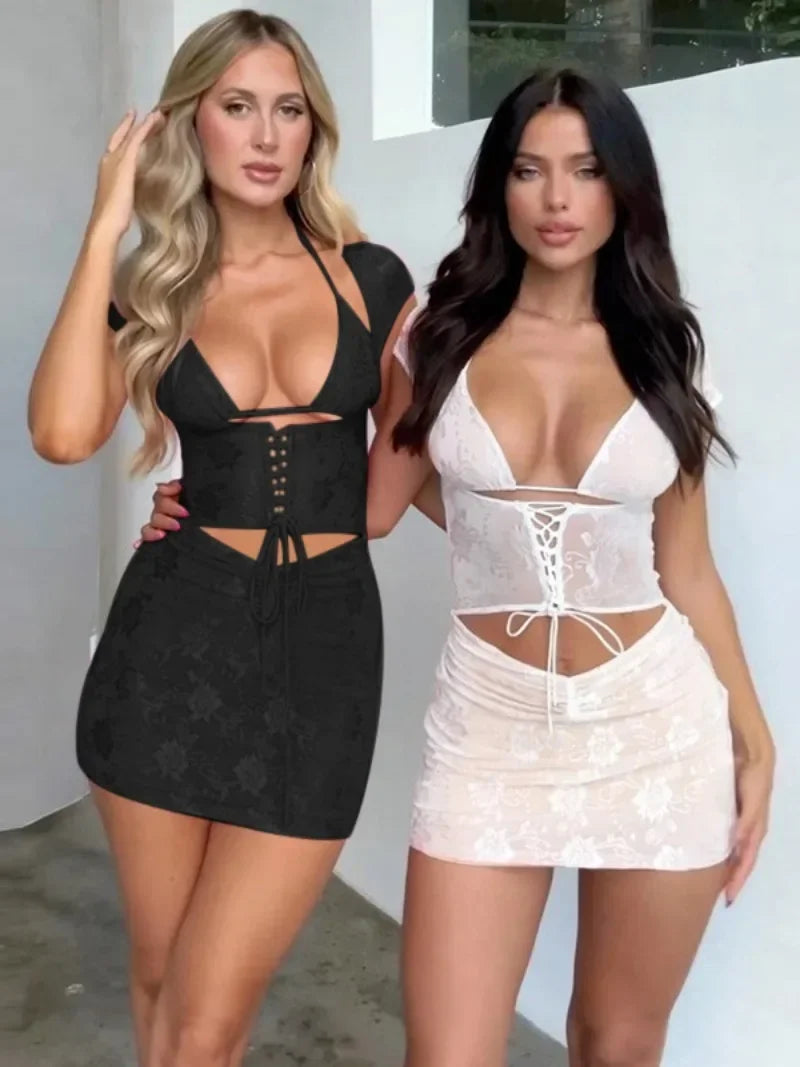 Lace Halter Neck Cut Out Lace Up Corset Bodycon Mini Dress 4