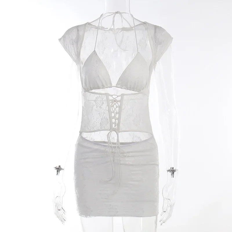 Lace Halter Neck Cut Out Lace Up Corset Bodycon Mini Dress 8