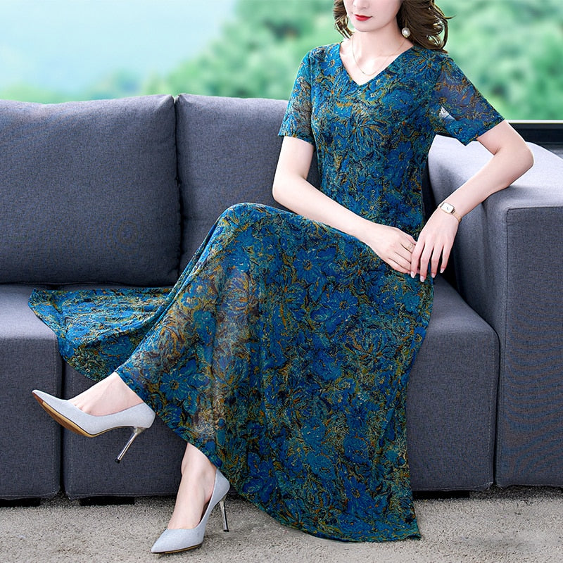 Floral Print V-Neck Long Sleeve Fit and Flare Maxi Dress
