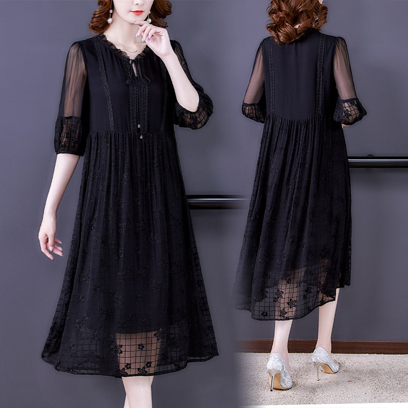 Lace Trim Embroidered Grid Sheer Overlay Empire Waist Three Quarter Sleeve Midi Dress