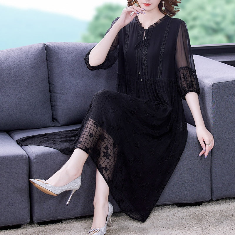 Lace Trim Embroidered Grid Sheer Overlay Empire Waist Three Quarter Sleeve Midi Dress