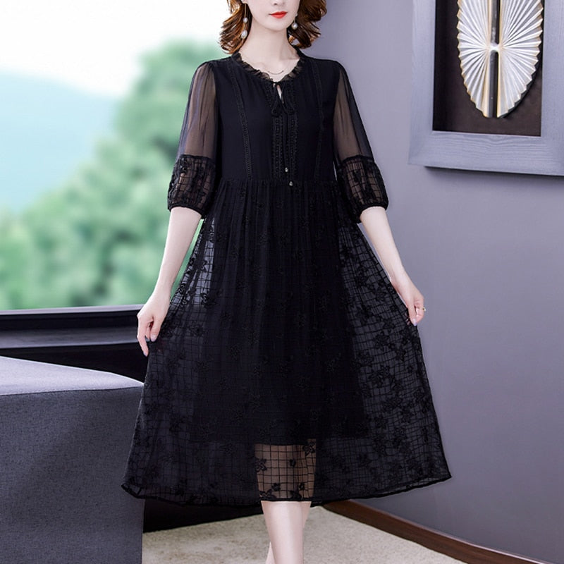 Lace Trim Embroidered Grid Sheer Overlay Empire Waist Three Quarter Sleeve Midi Dress
