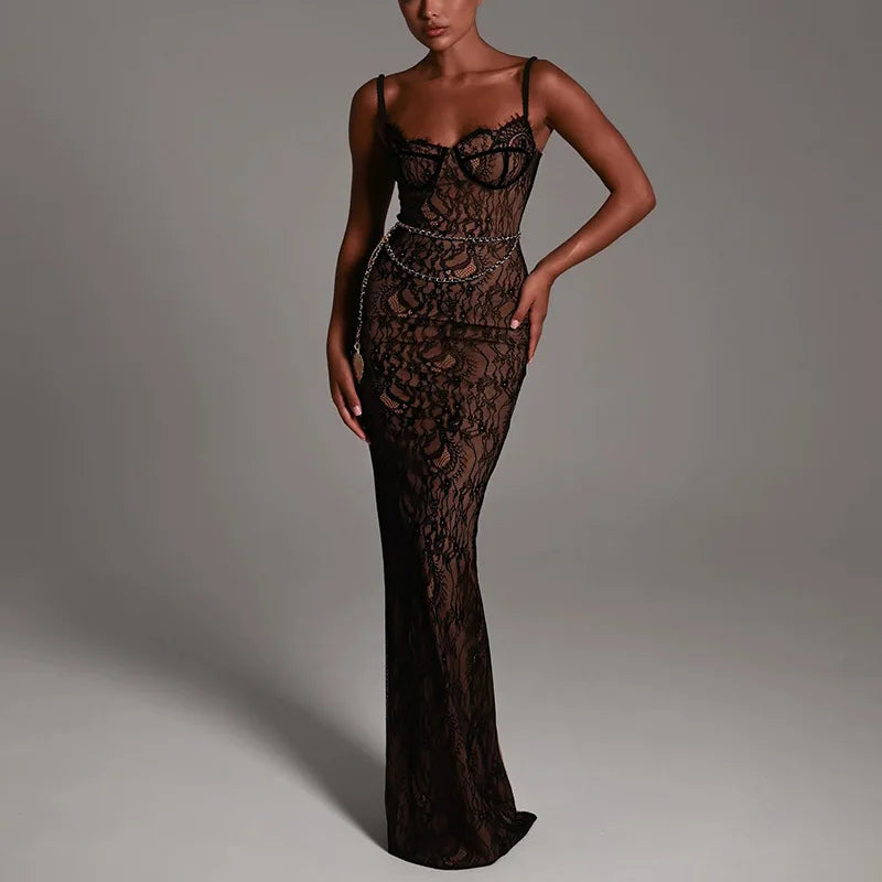 New Spring Lace Stitching Backless Slit Refined Maxi Dress