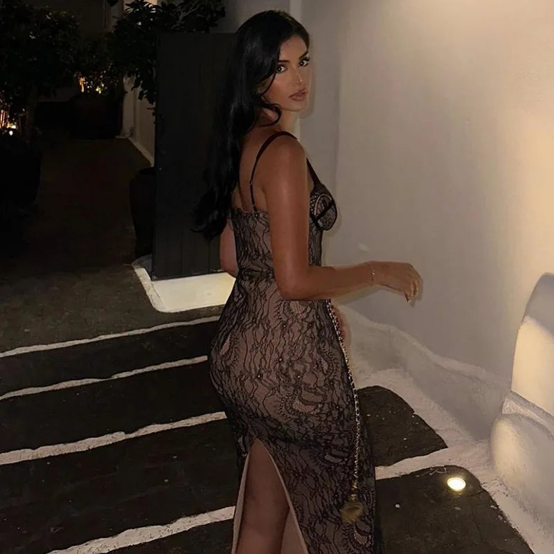 New Spring Lace Stitching Backless Slit Refined Maxi Dress