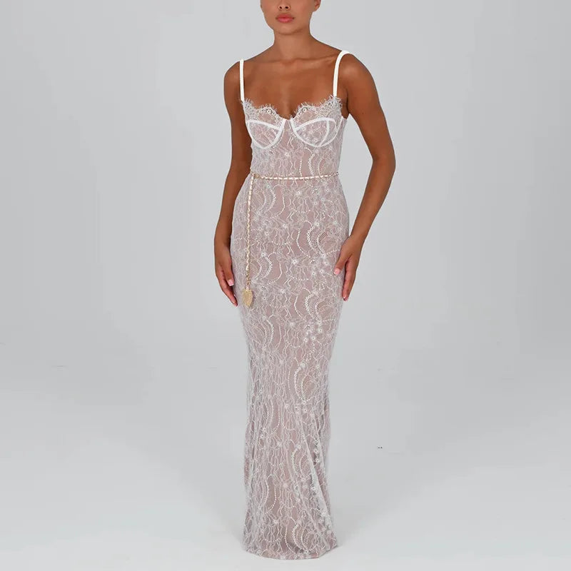 New Spring Lace Stitching Backless Slit Refined Maxi Dress