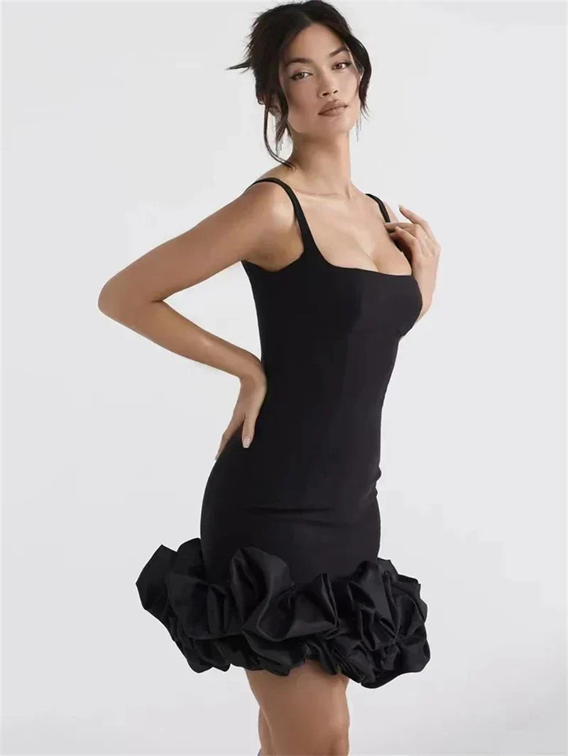 Scoop Neck Sleeveless Corset Bodycon Rosette Ruffle Hem Mini Dress 3