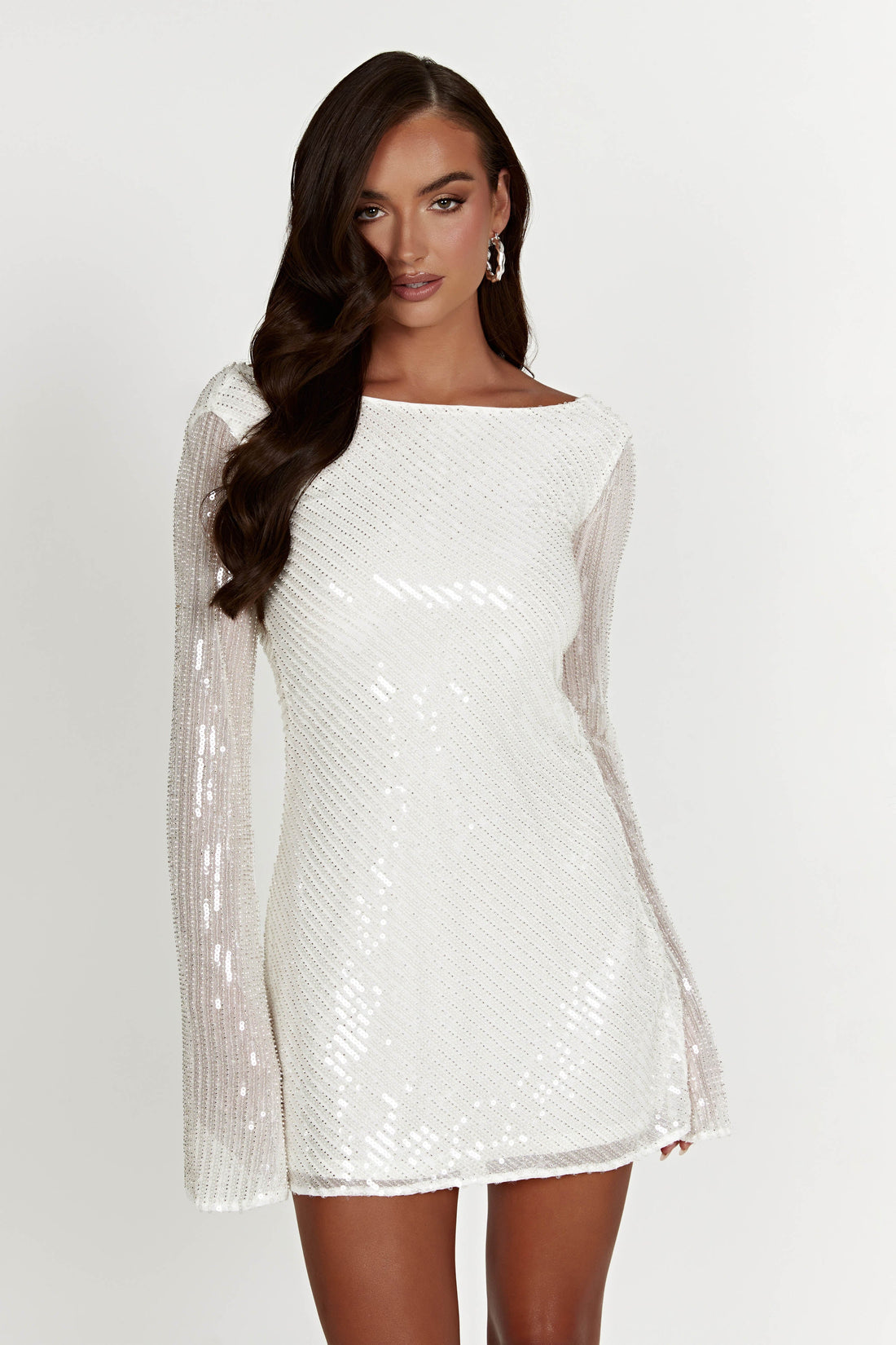 Sequin Beaded Cowl Open Back Flared Long Sleeve Mini Dress 2