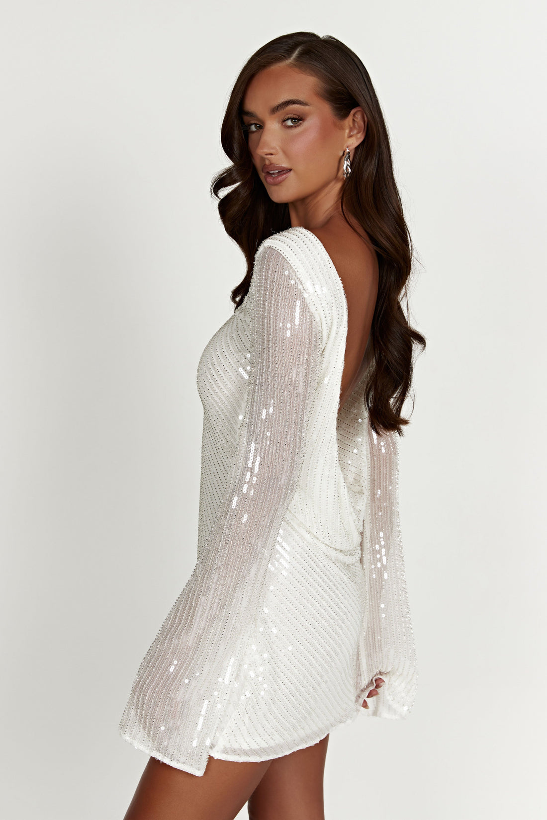 Sequin Beaded Cowl Open Back Flared Long Sleeve Mini Dress 3
