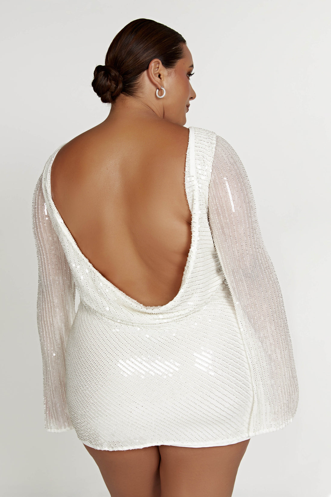 Sequin Beaded Cowl Open Back Flared Long Sleeve Mini Dress 9