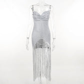 Solid ruched textured glitter tassels backless mini dress 2