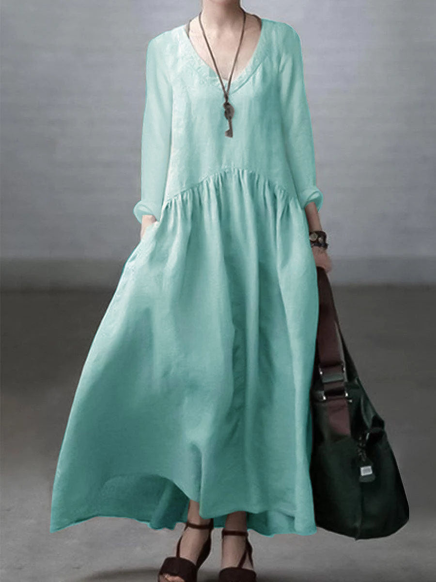 V-Neck Long Sleeve Pocket Drop Waist Maxi Dress 9