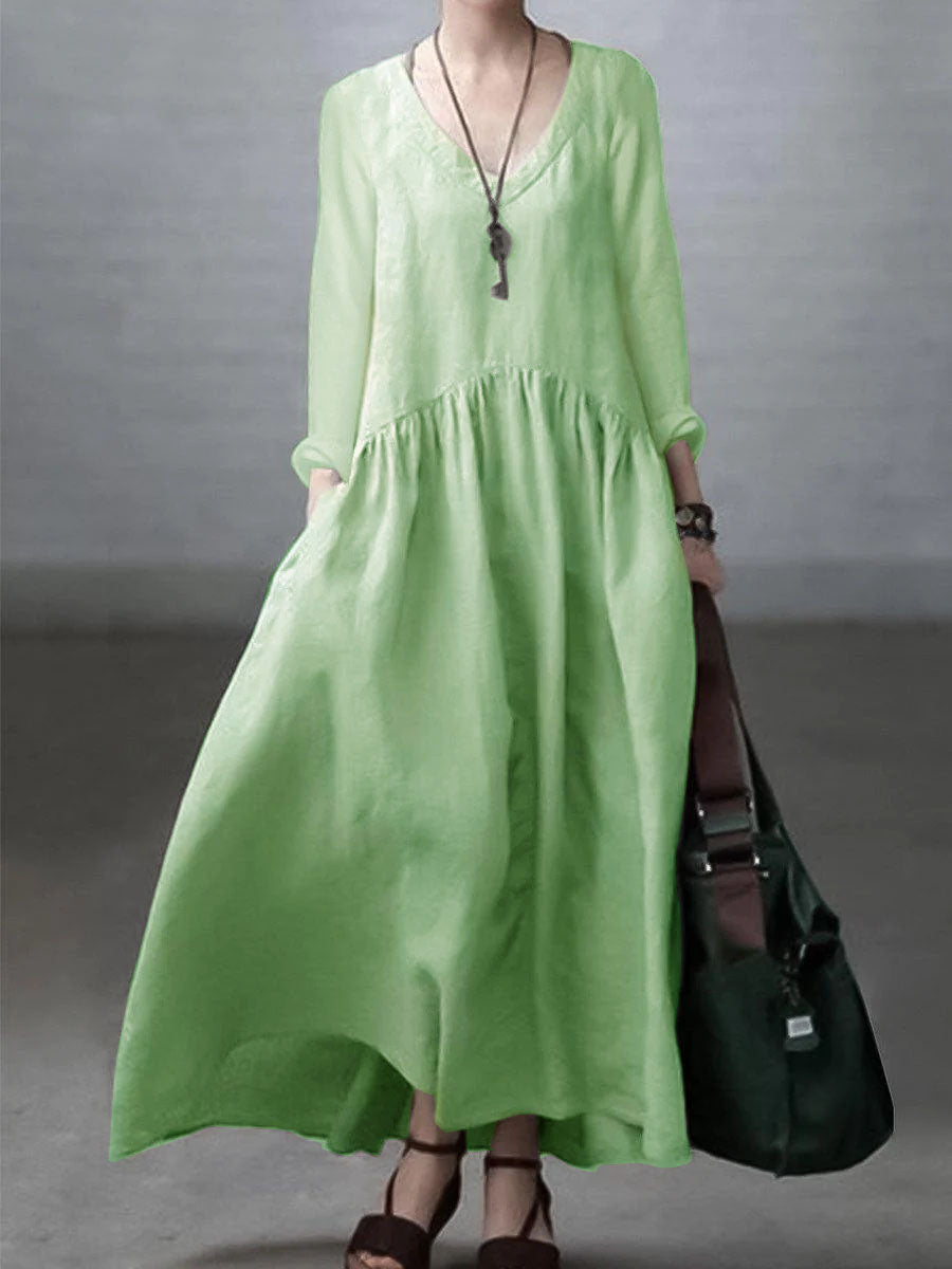 V-Neck Long Sleeve Pocket Drop Waist Maxi Dress 10