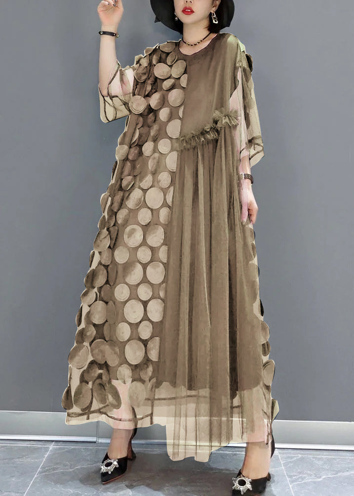 Mesh Asymmetrical Round Neck Elbow Sleeve Disc Applique Pleated Maxi Party Dress