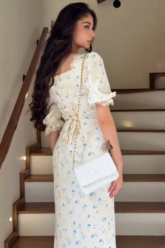 Satin Puff Sleeve Floral Dress in Blue - View 4