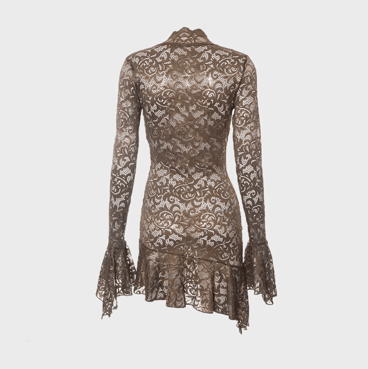 Lace Scalloped V-Neck Long Flare Sleeve Bodycon Mini Dress 10
