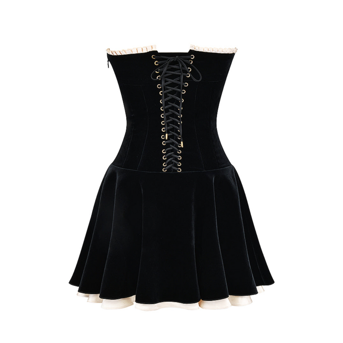 Velvet Strapless Faux Pearl Trim Drop Waist Flared Mini Dress 15