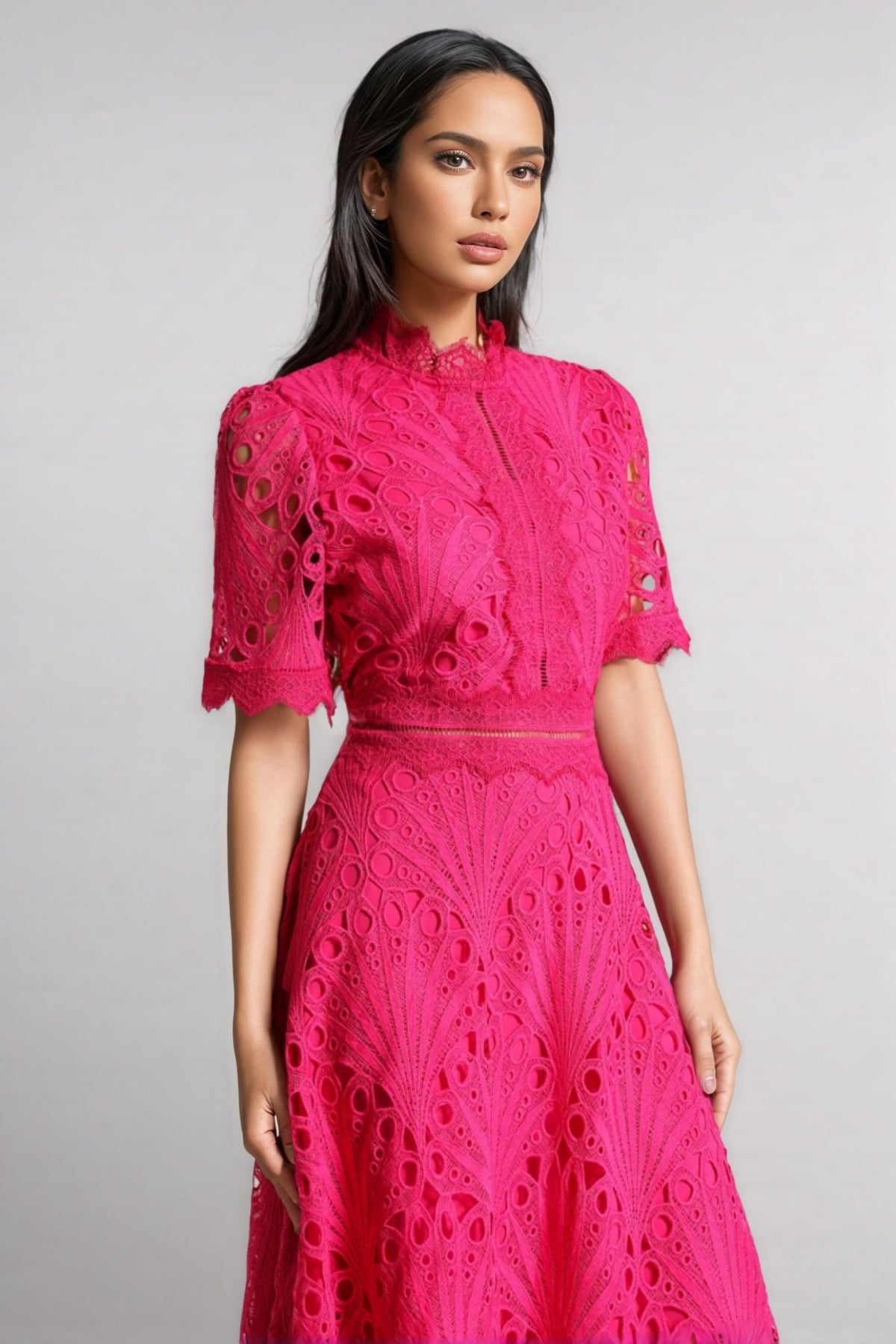 Eyelet Lace Mock Neck Short Sleeve Scalloped Hem A-Line Midi Dress 2