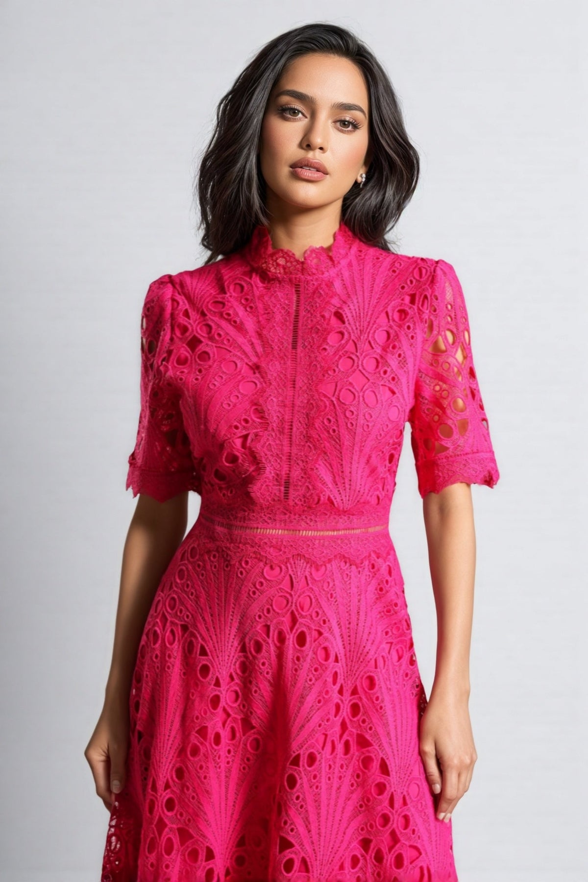 Eyelet Lace Mock Neck Short Sleeve Scalloped Hem A-Line Midi Dress 4