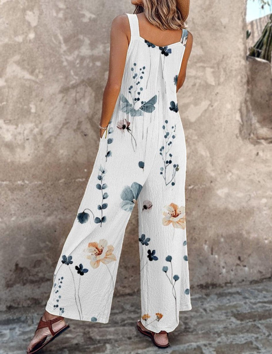 Floral Print Buckle Strap Wide Leg Overall Jumpsuit