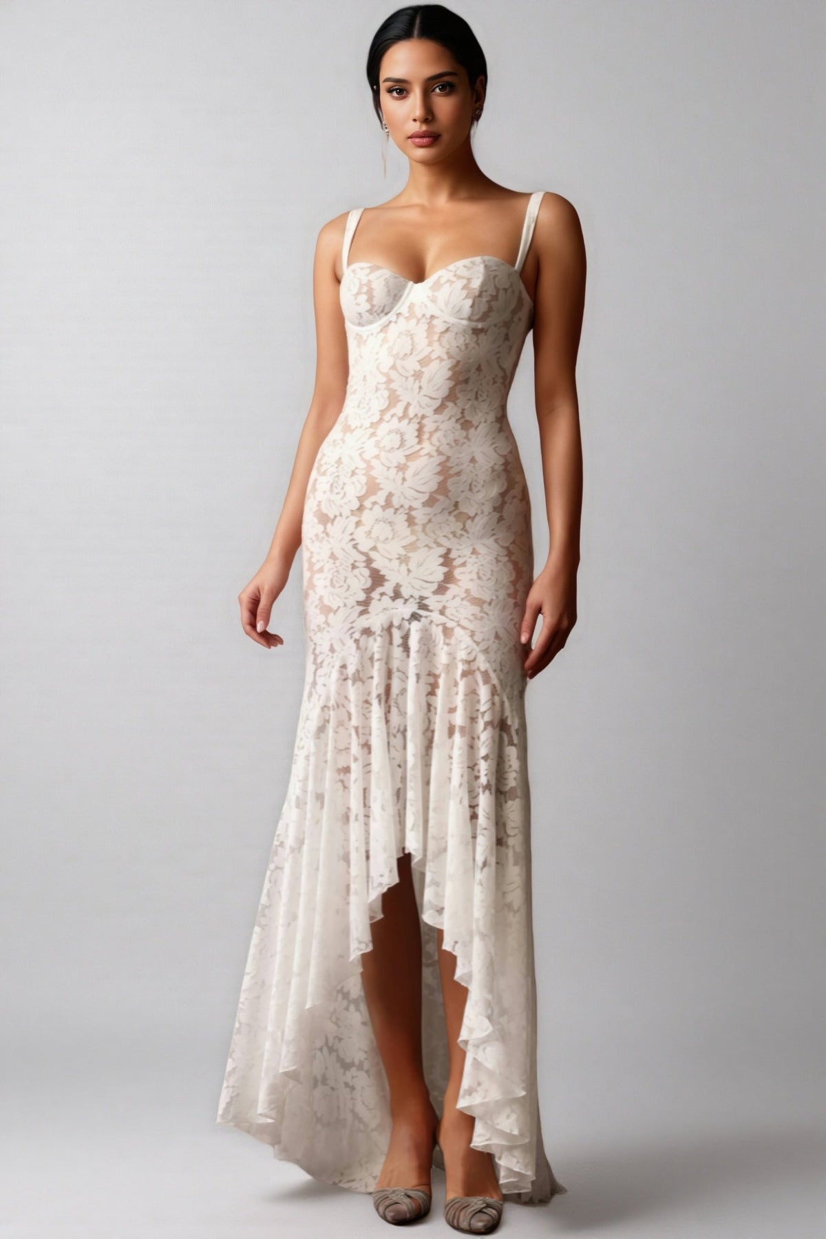 Floral Lace Sweetheart Bustier Sleeveless High Low Ruffle Hem Maxi Dress