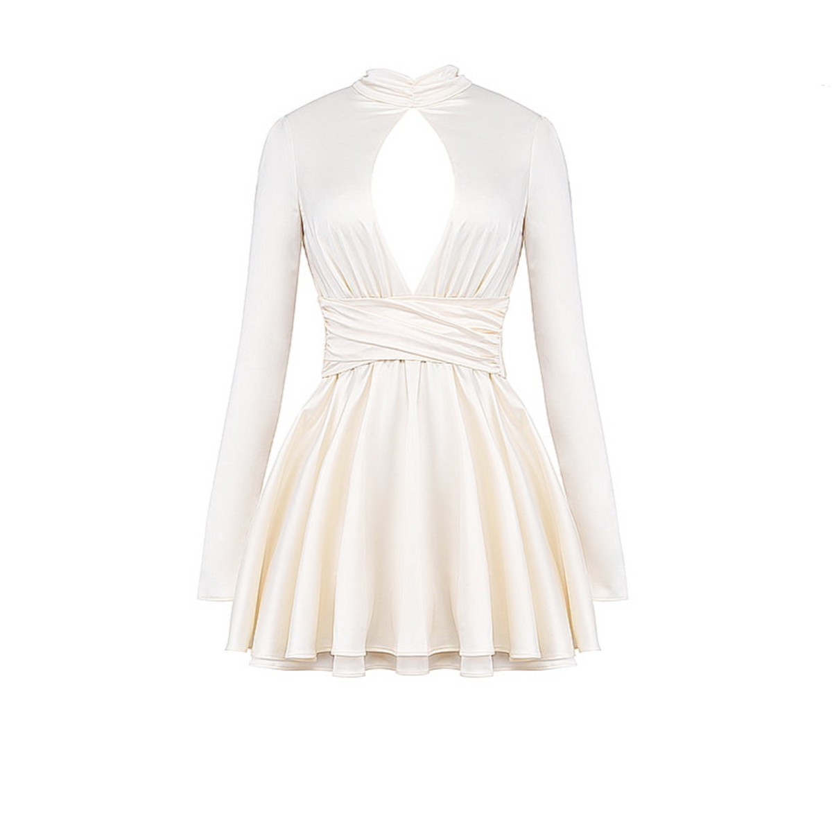 Satin Mock Neck Long Sleeve Keyhole Cut Out Back Bow Skater Mini Dress 11