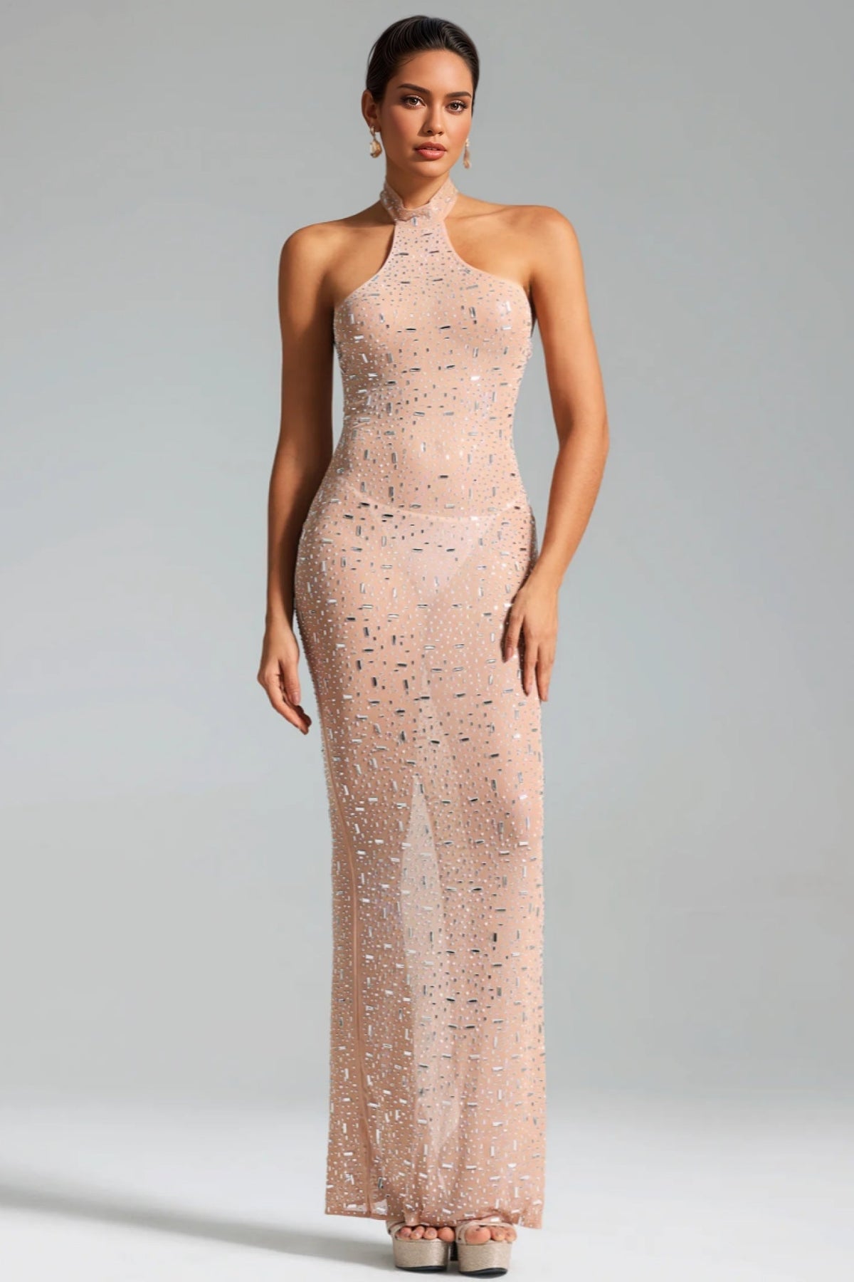 Sheer Mesh Halter Neck Rhinestone Embellished Column Maxi Dress