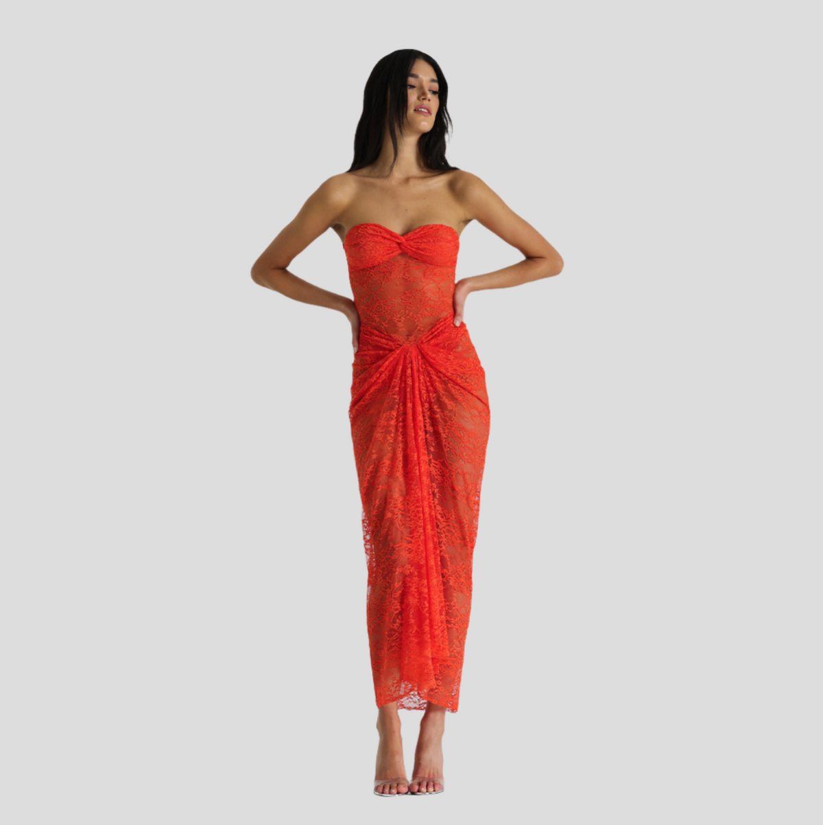 Sheer Lace Strapless Sweetheart Neck Knot Front Maxi Dress 10