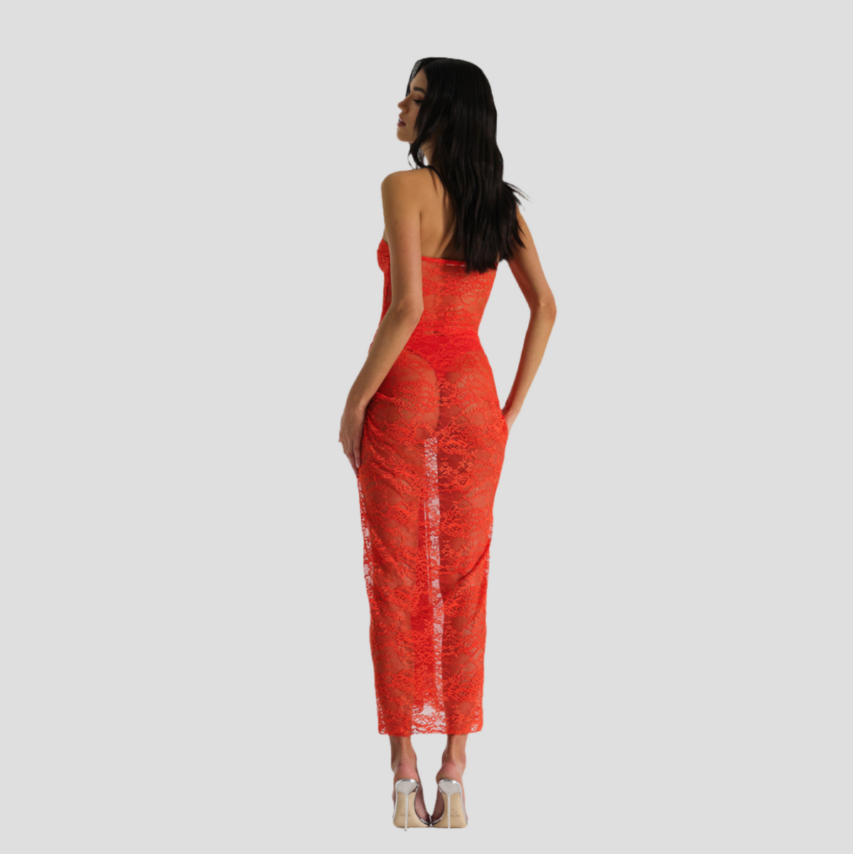 Sheer Lace Strapless Sweetheart Neck Knot Front Maxi Dress 12
