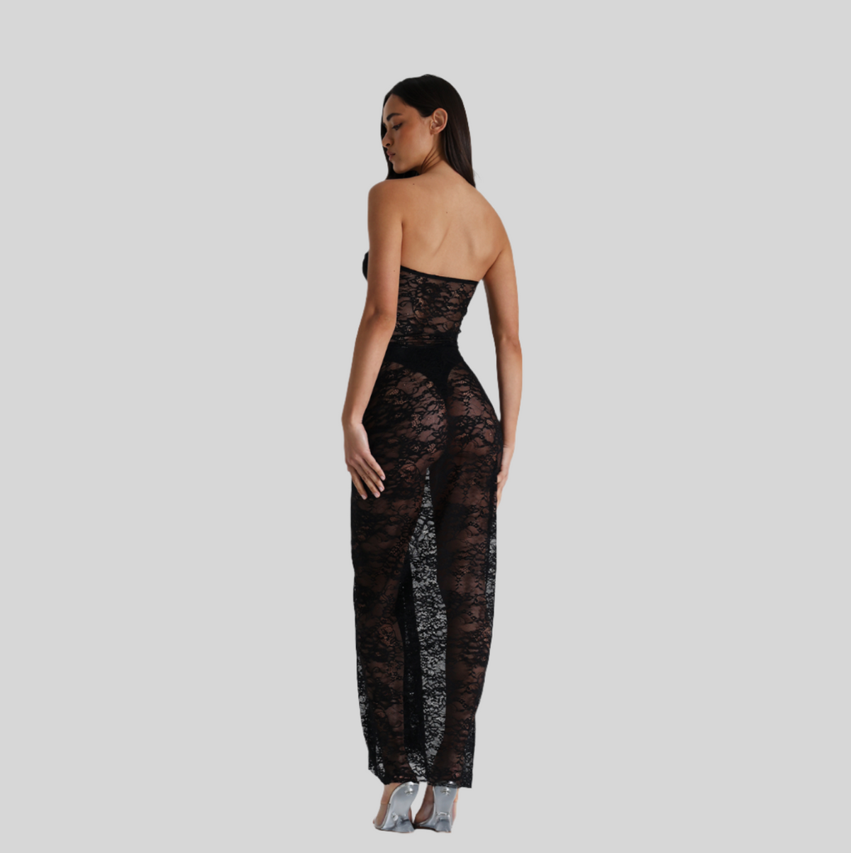 Sheer Lace Strapless Sweetheart Neck Knot Front Maxi Dress 15