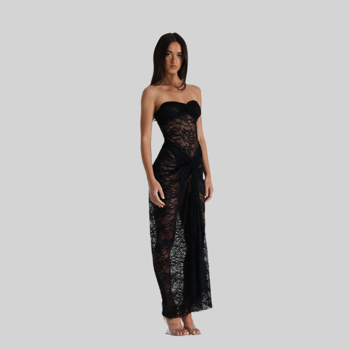 Sheer Lace Strapless Sweetheart Neck Knot Front Maxi Dress 13