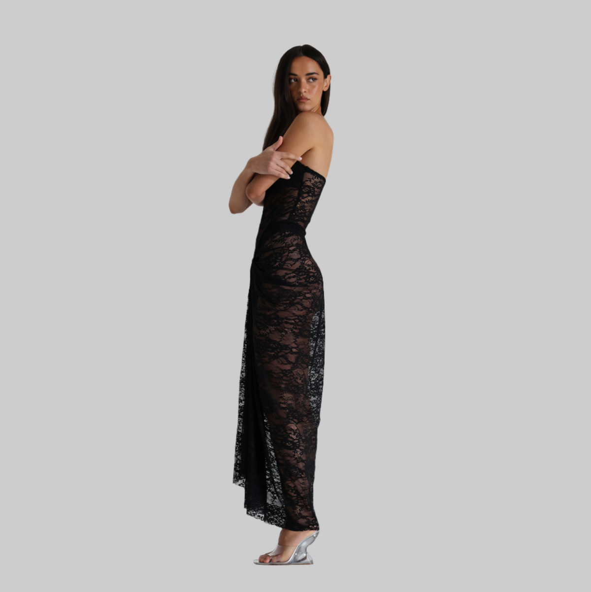 Sheer Lace Strapless Sweetheart Neck Knot Front Maxi Dress 14