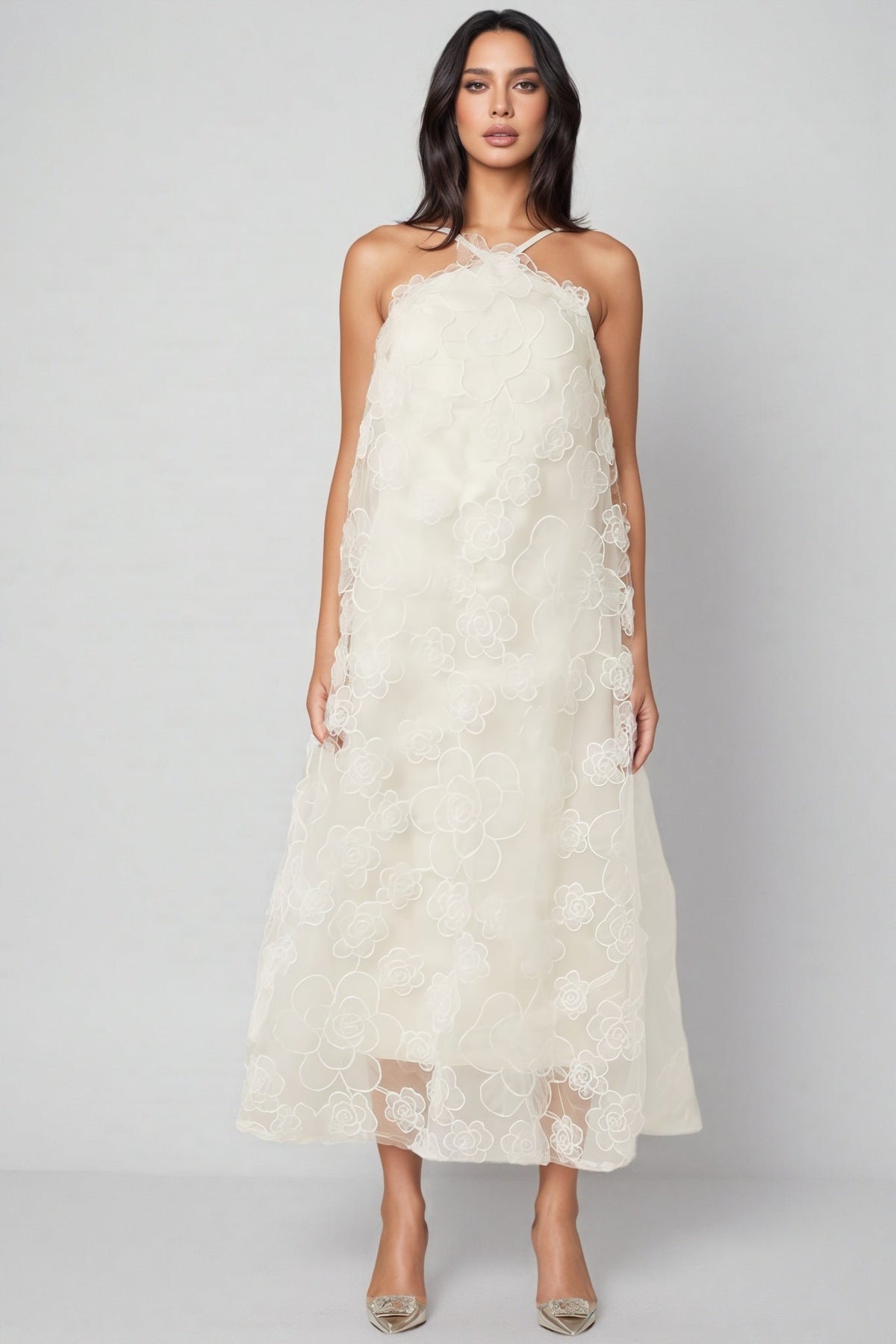 Halter Neck 3D Floral Embroidered Organza Trapeze Midi Dress