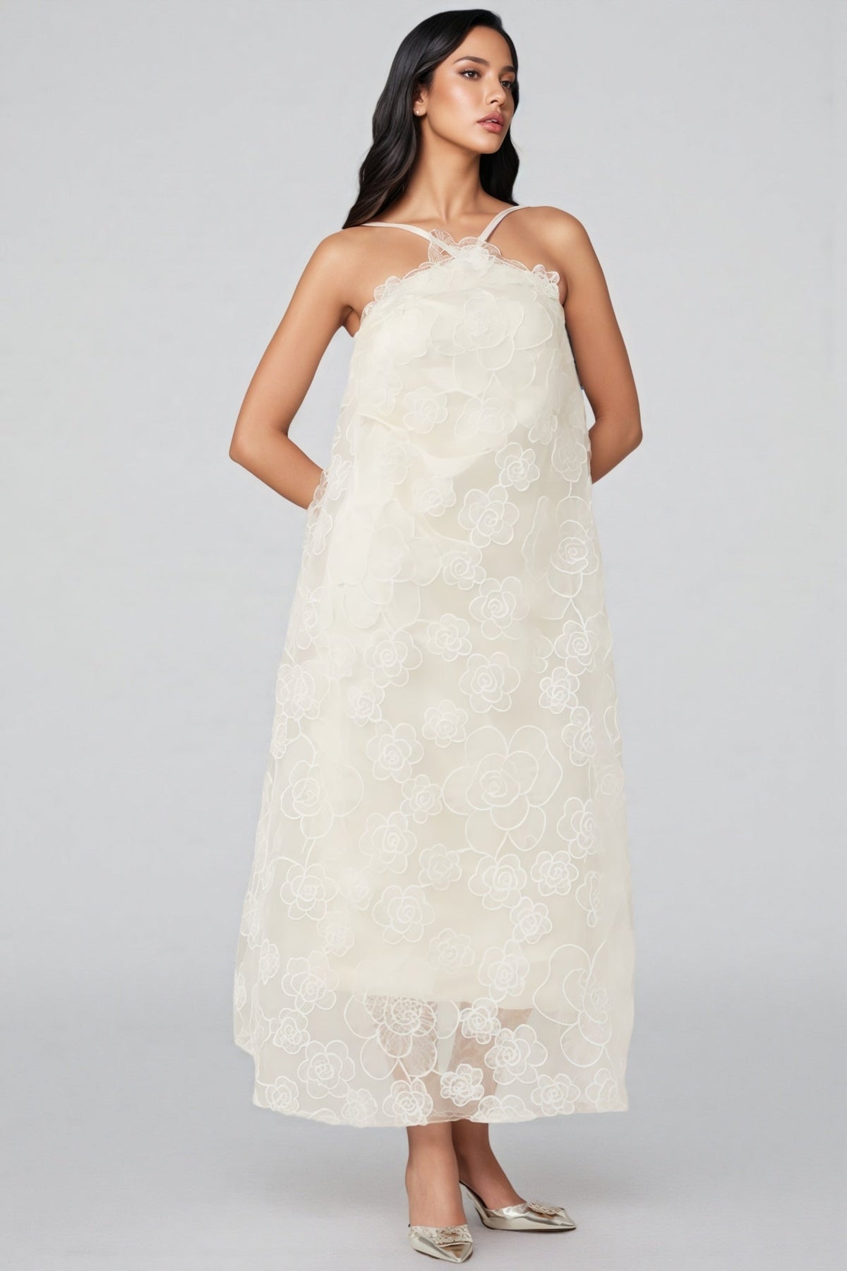 Halter Neck 3D Floral Embroidered Organza Trapeze Midi Dress 5