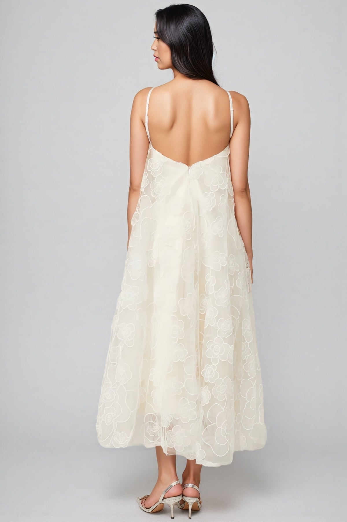 Halter Neck 3D Floral Embroidered Organza Trapeze Midi Dress 6