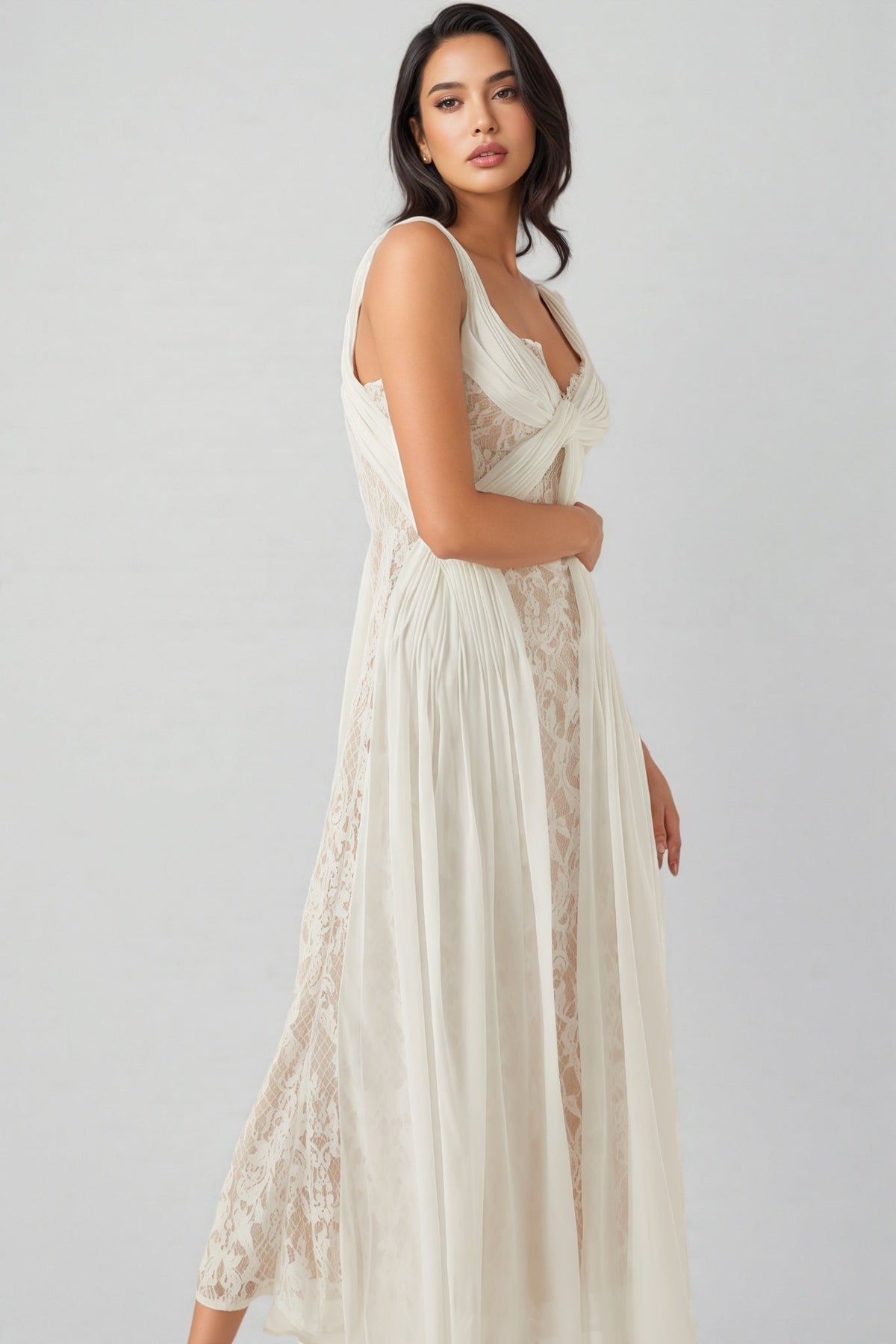 Sleeveless Twist Front Lace Panel Pleated Chiffon Maxi Dress 6