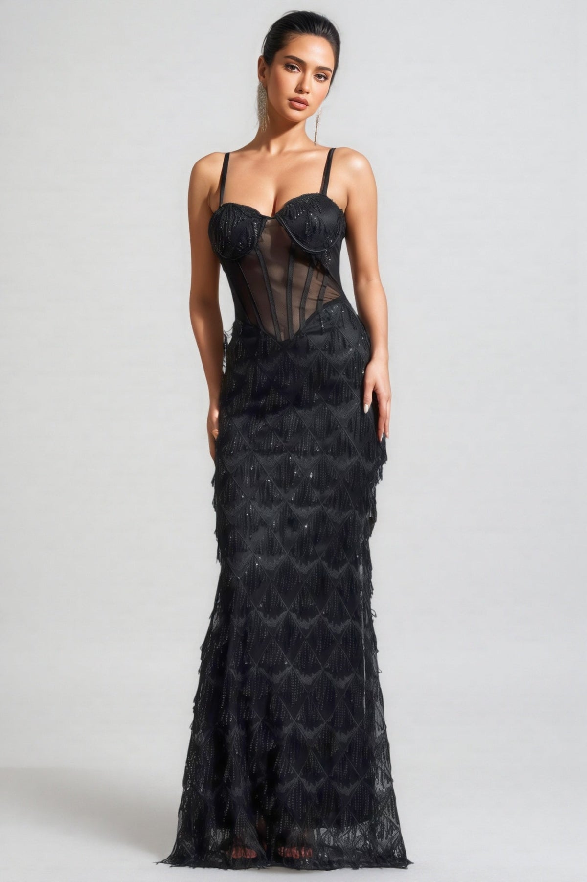 Sheer Corset Bodice Sweetheart Neck Tiered Fringe Sequin Mermaid Maxi Dress