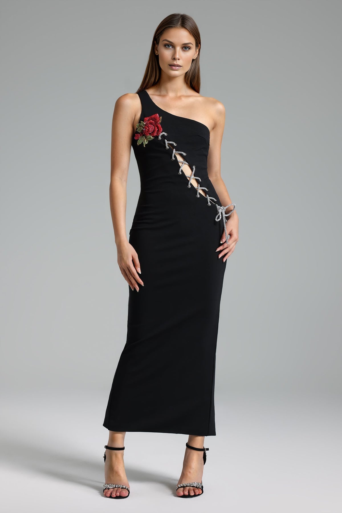 One Shoulder Rose Applique Rhinestone Lace Up Cut Out Maxi Dress