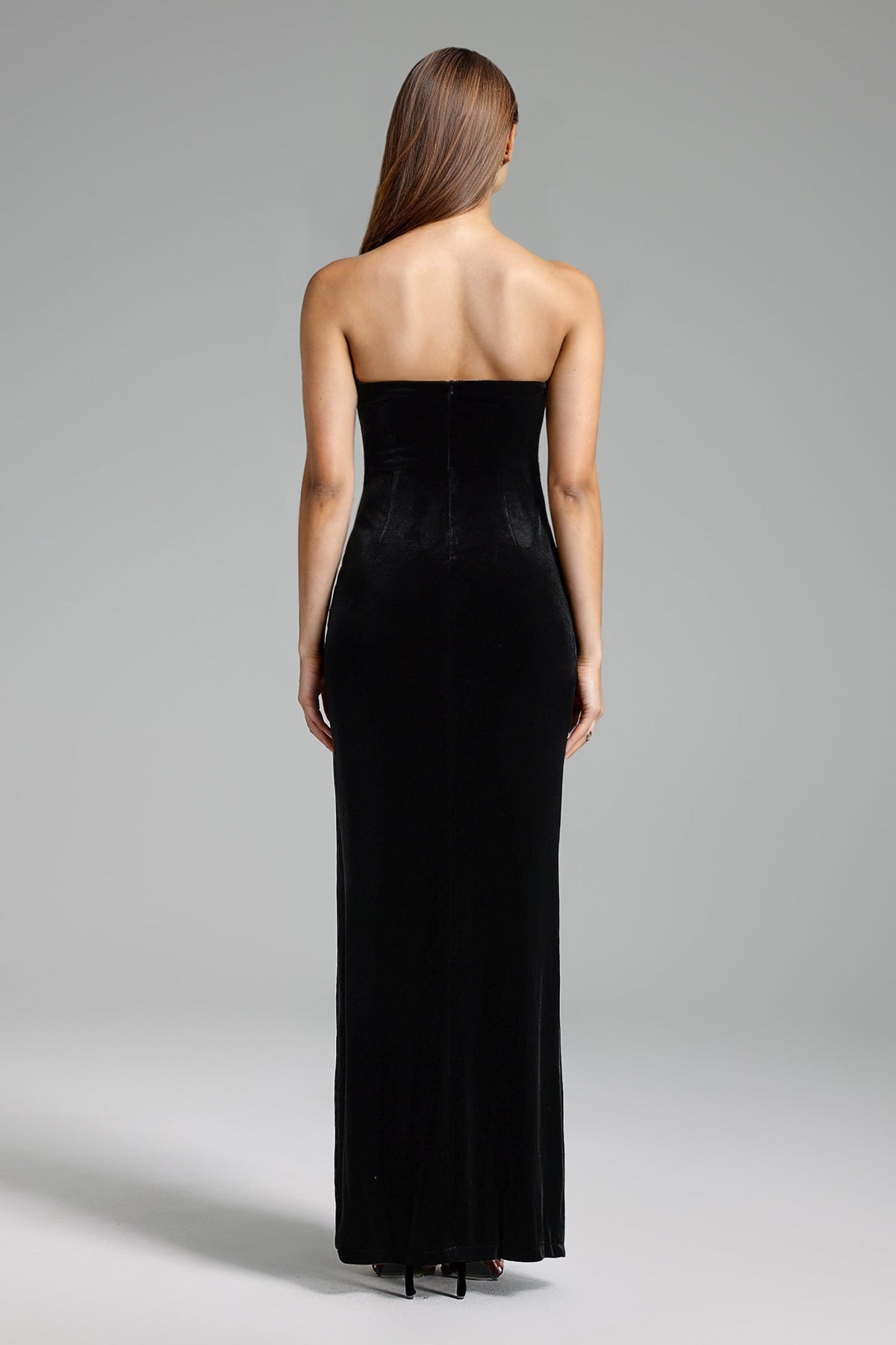 Strapless Velvet Rhinestone Bow Bust High Split Maxi Gown 3