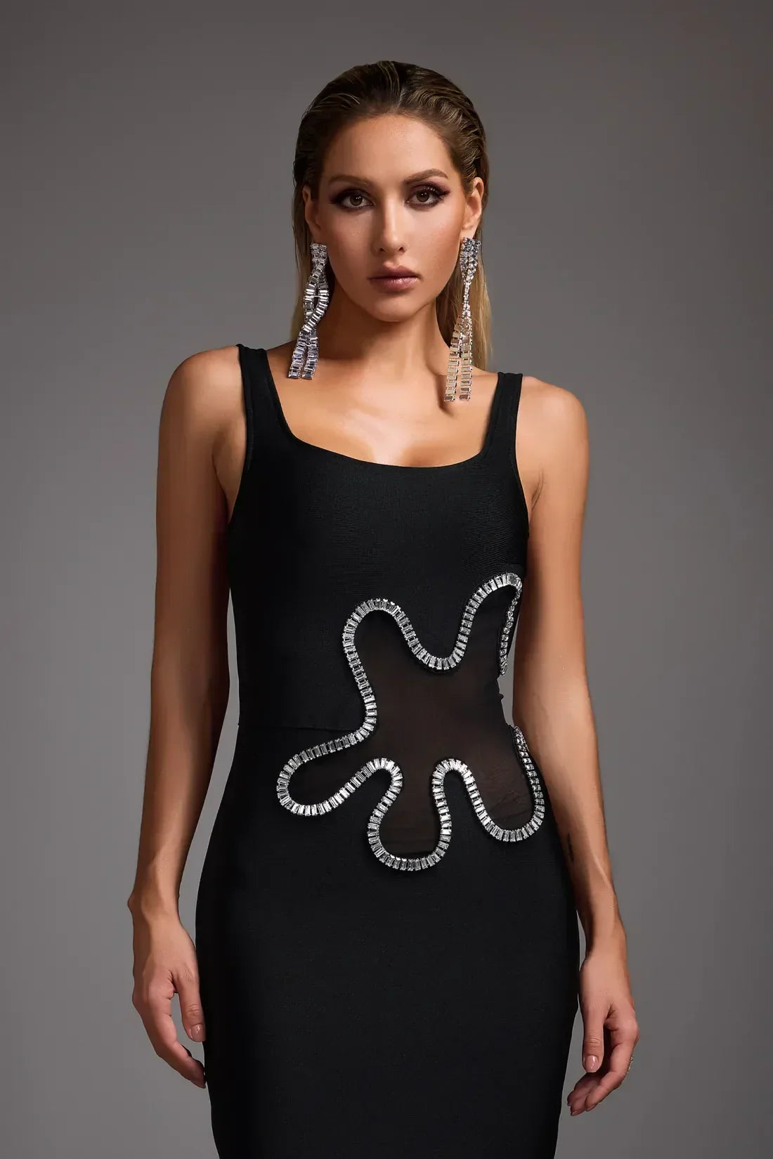 Rhinestone Wave Mesh Cut Out Square Neck Bandage Maxi Gown 4