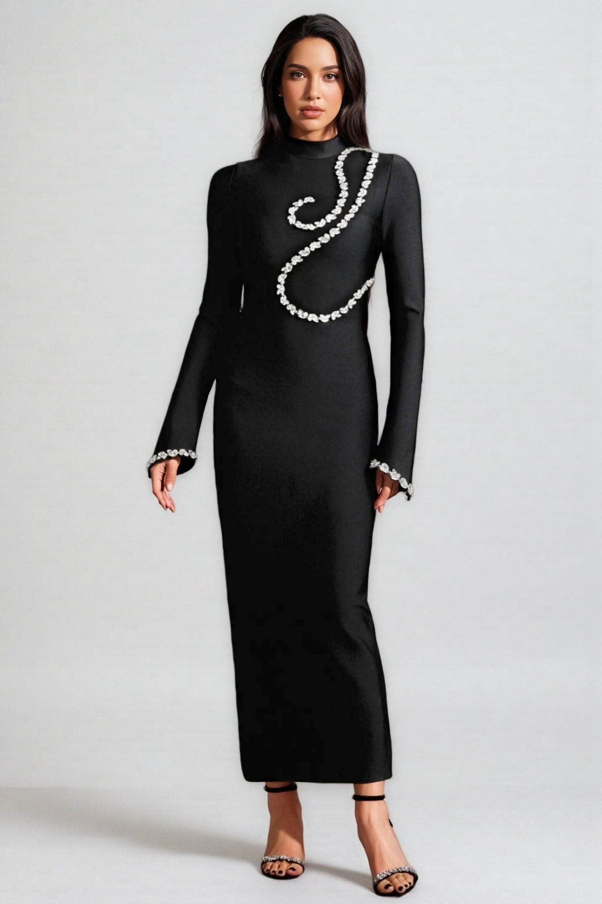 Mock Neck Flare Sleeve Rhinestone Swirl Bandage Maxi Dress