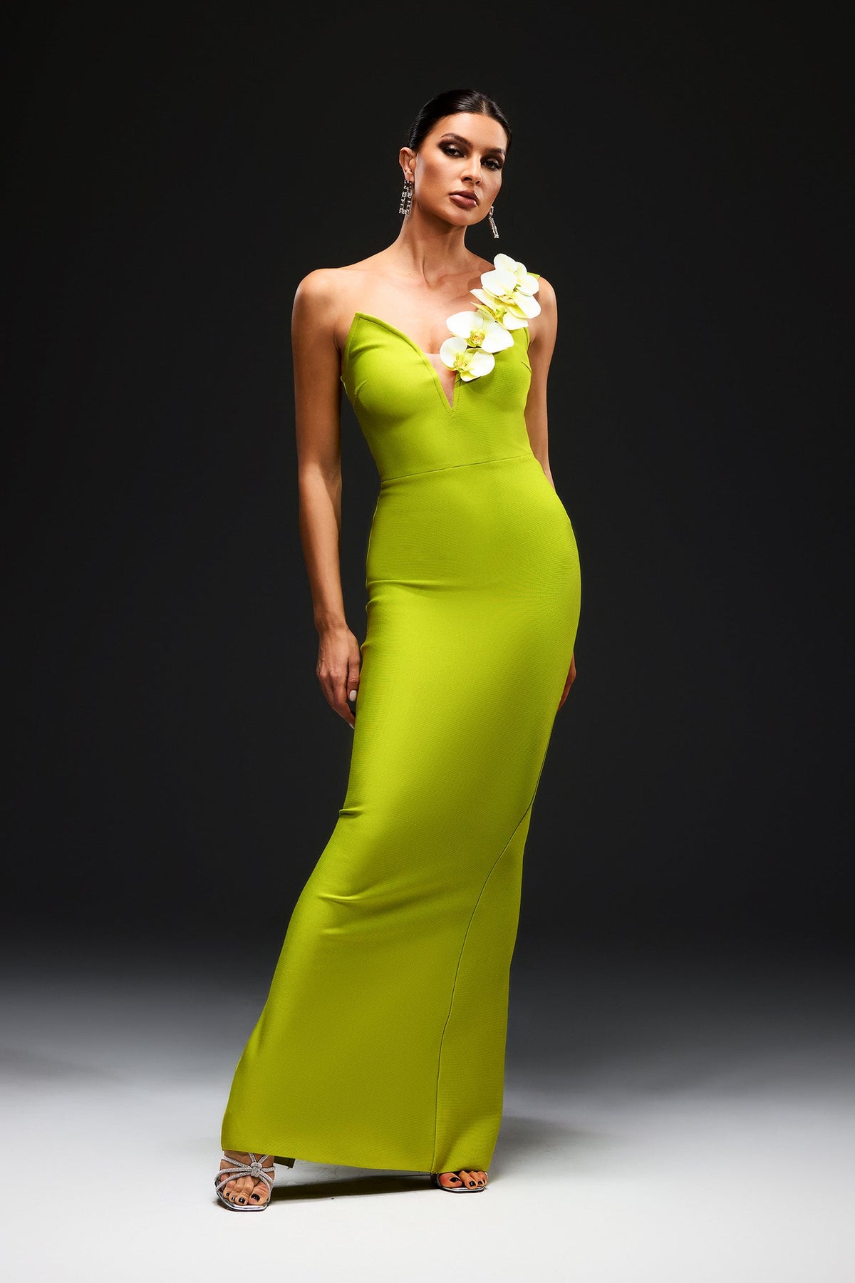 Bandage Strapless Plunge Orchid Applique Bodycon Maxi Dress