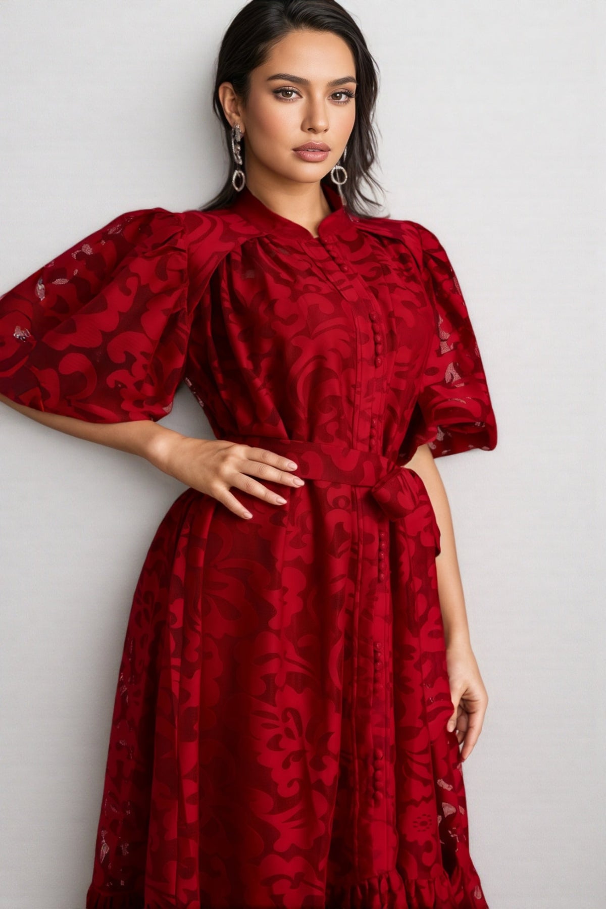 Mock Neck Puff Sleeve Button Front Belted Lace Tiered Midi Dress 4