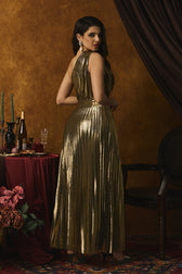 Lillian Metallic One Shoulder Pleated Maxi Dress - View 2