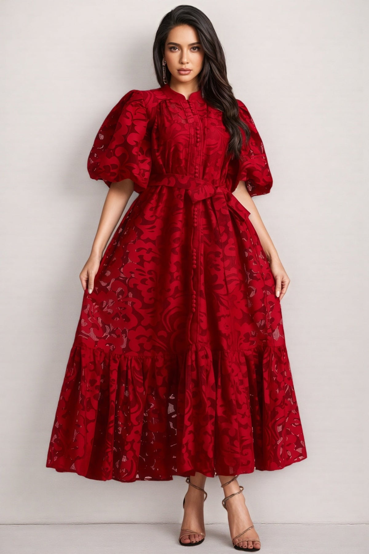 Mock Neck Puff Sleeve Button Front Belted Lace Tiered Midi Dress
