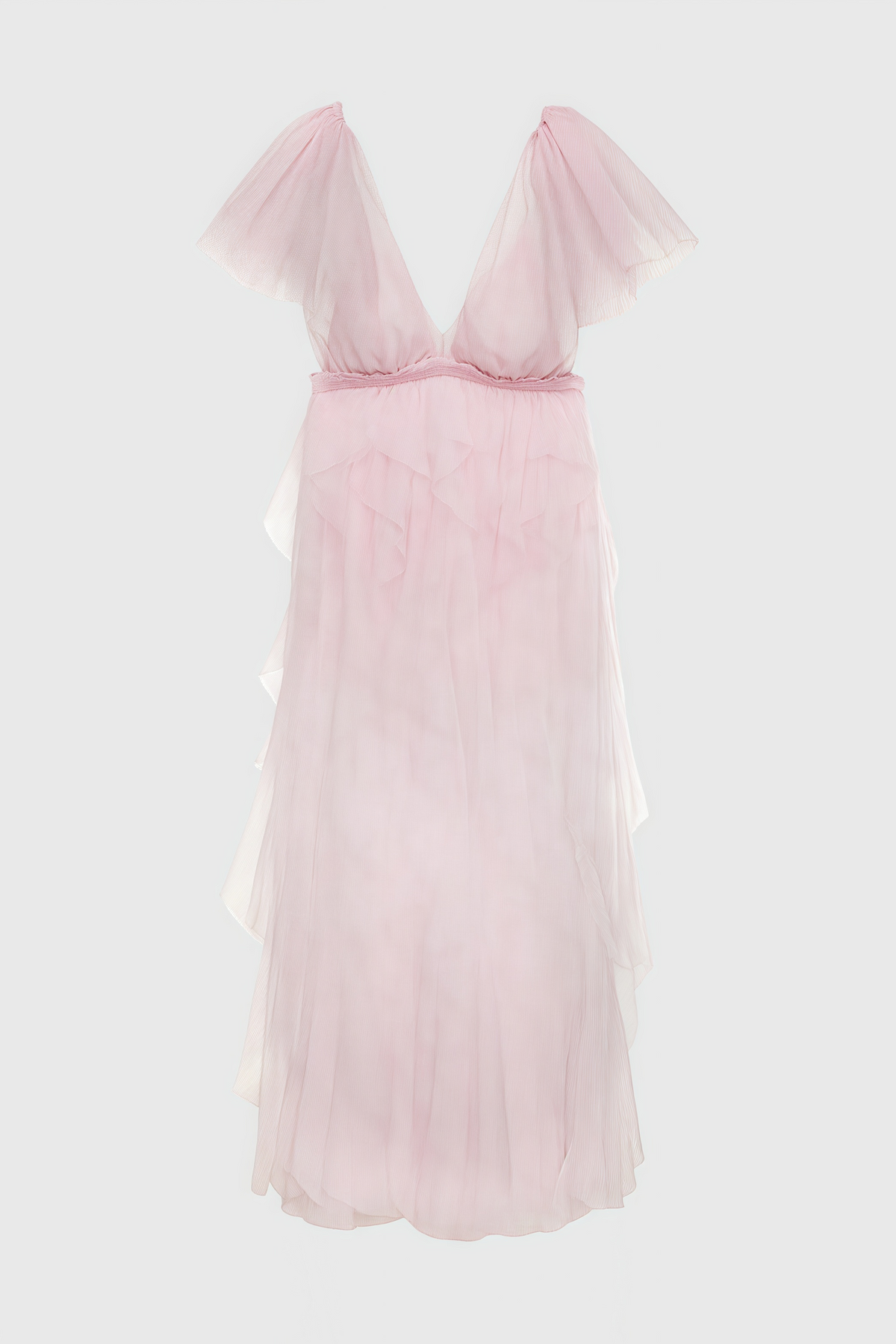 Tulle Deep V-Neck Flutter Sleeve Tiered Ruffle High Low Maxi Dress 5