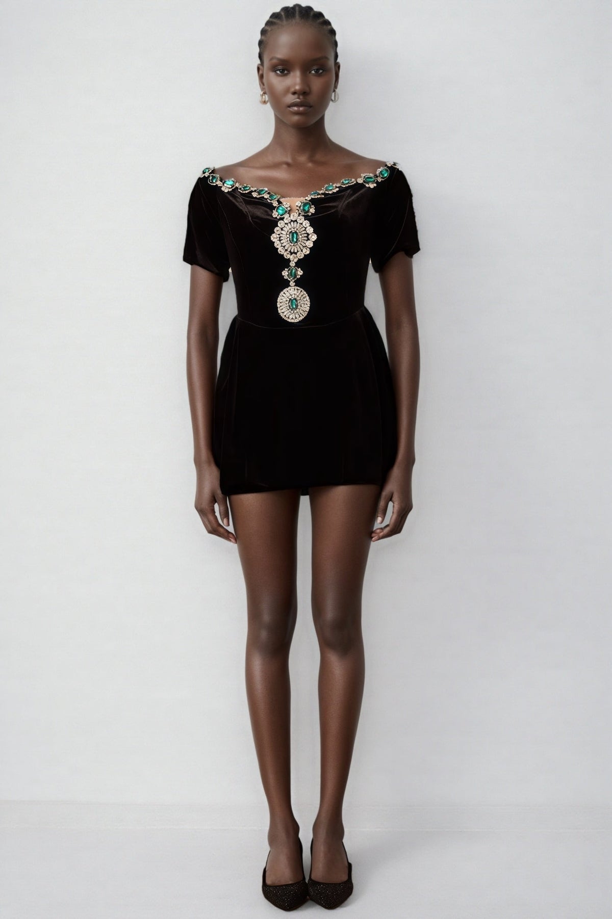 Velvet Off Shoulder Short Sleeve Jewel Embellished Mini Dress