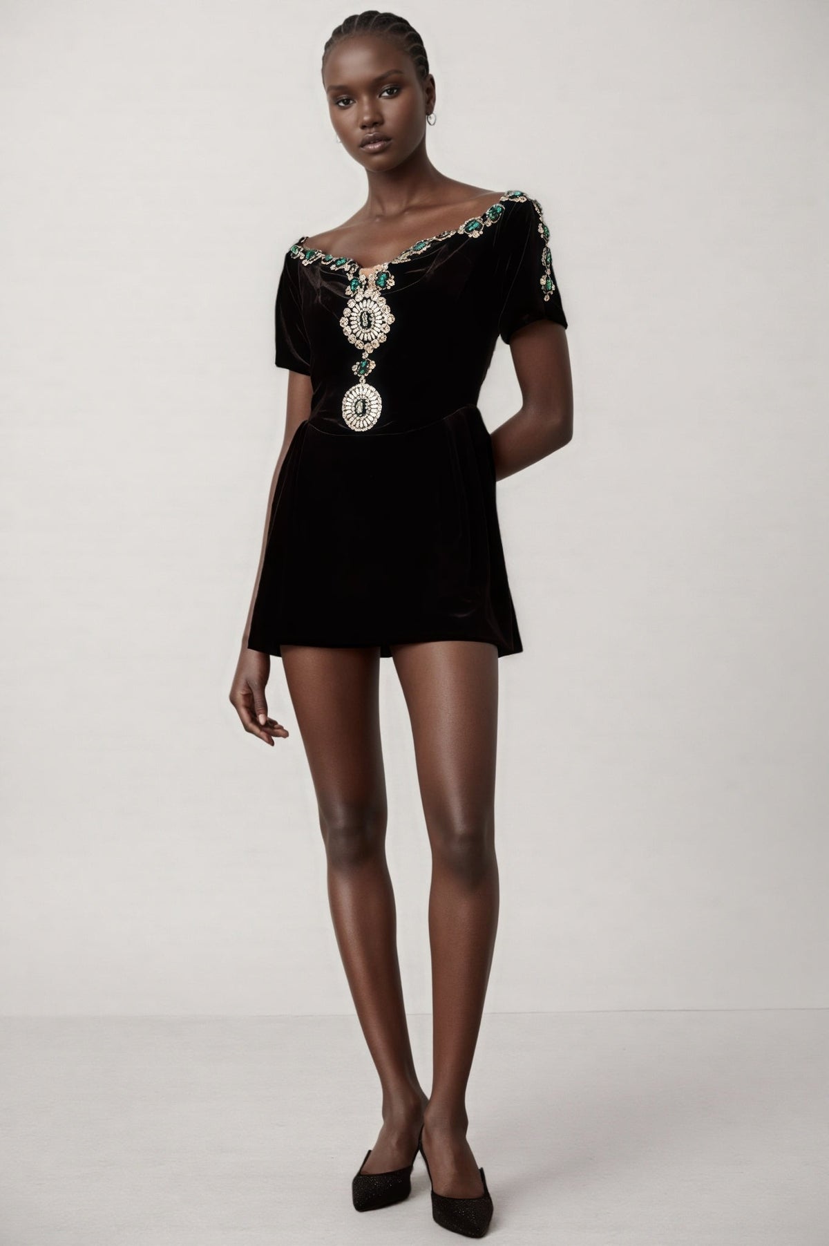Velvet Off Shoulder Short Sleeve Jewel Embellished Mini Dress 4